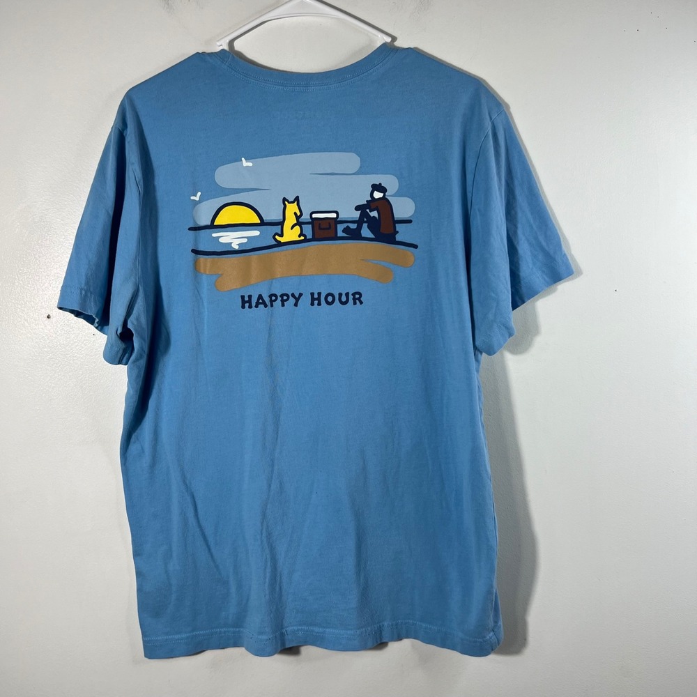 Mens Life is Good Crusher Lite Tee Shirt Happy Hour Man Dog Blue M Cotton